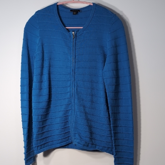 Ann Taylor Factory | Blue Crew Neck Full Zip Ribbed Knit Cotton Sweater Size S - Picture 1 of 9